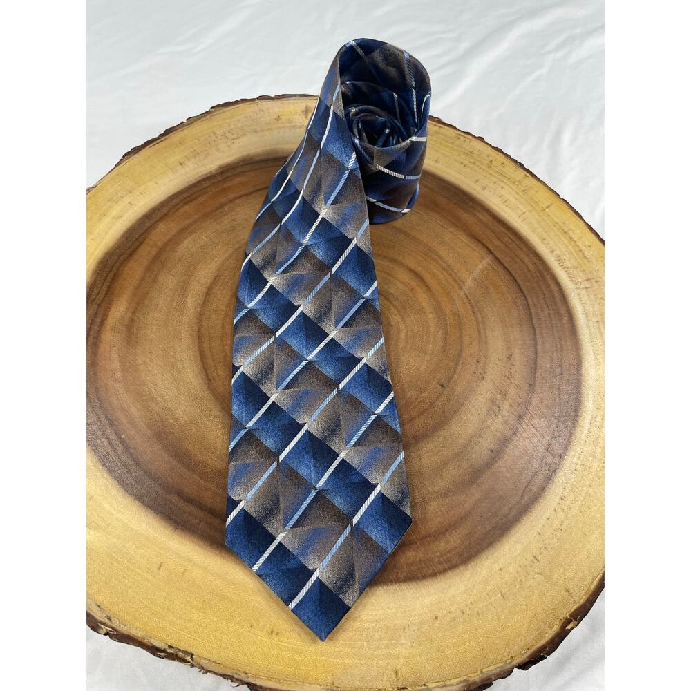 Concepts by Claiborne Geometric Silk Necktie Blue Brown Pattern OS Vintage 2000s